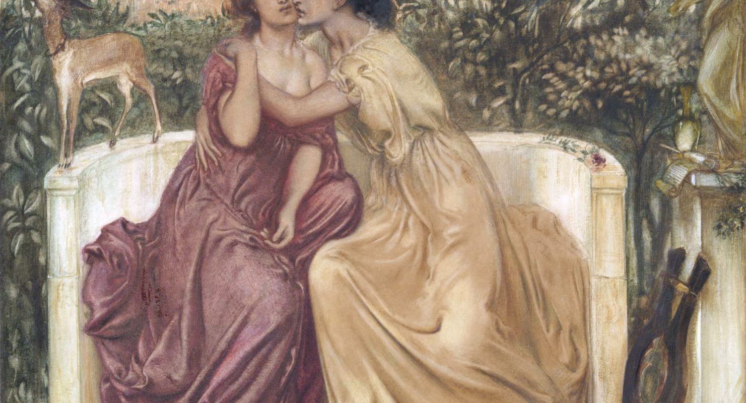 Safo y Erina en un jardín de Mitilene. Pintura de Simeon Solomon. Imagen: Wikimedia Commons.