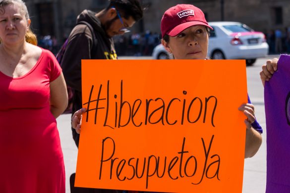 La liberación de recursos para programas de protección a las mujeres es una problemática constante detrás de estas situaciones de abuso laboral y falta de atención a víctimas. En la fotografía, una mujer se manifiesta por la liberación de presupuesto para la Red Nacional de Refugios en 2019. CIMACFoto: Sammi Bushman.