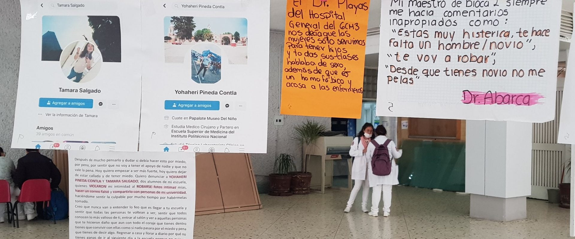 Tendedero de denuncias de acoso y violencia sexual en la Escuela Superior de Medicina del IPN. Fotografía: Twitter @mujeresESM