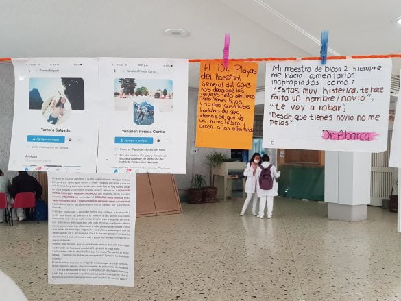 Tendedero de denuncias de acoso y violencia sexual en la Escuela Superior de Medicina del IPN. Fotografía: Twitter @mujeresESM