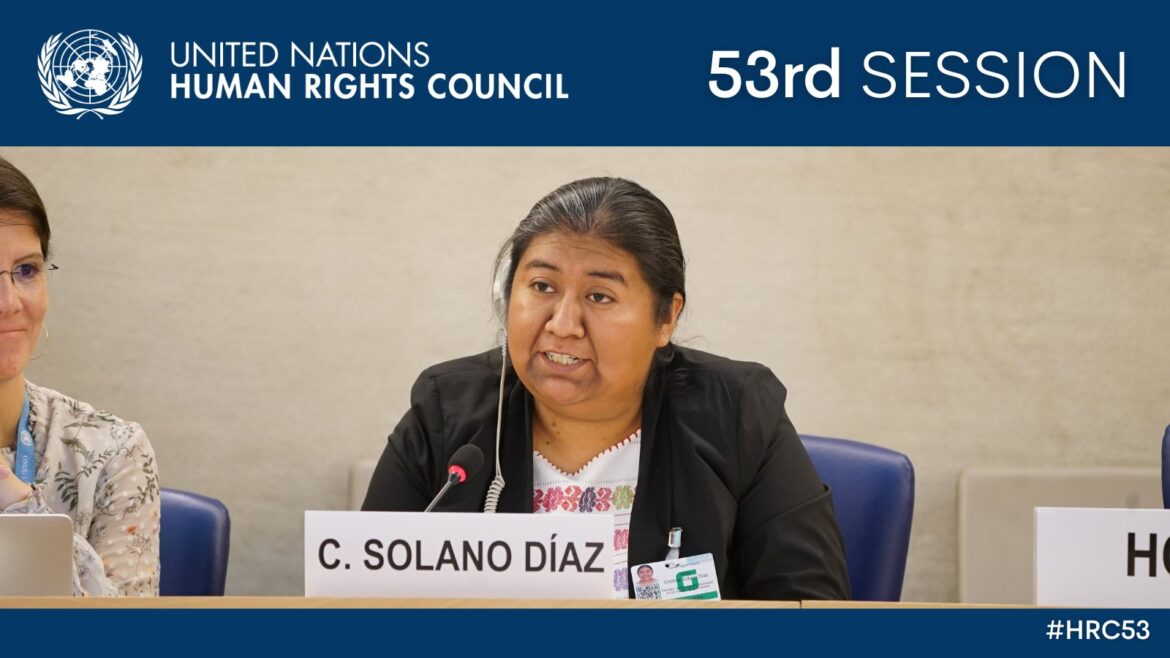 Cristina Solano Díaz, activista Ñuu Savi de México, durante su participación en el Consejo de Derechos Humanos de las Naciones Unidas este 30 de junio de 2023. Cortesía.