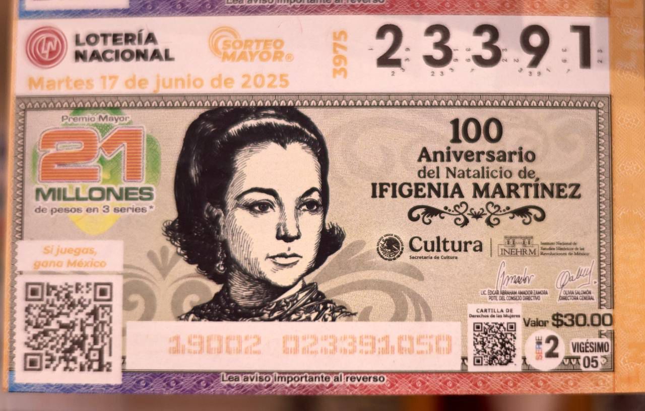 Lotería Nacional rinde homenaje a Ifigenia Martínez con billete conmemorativo